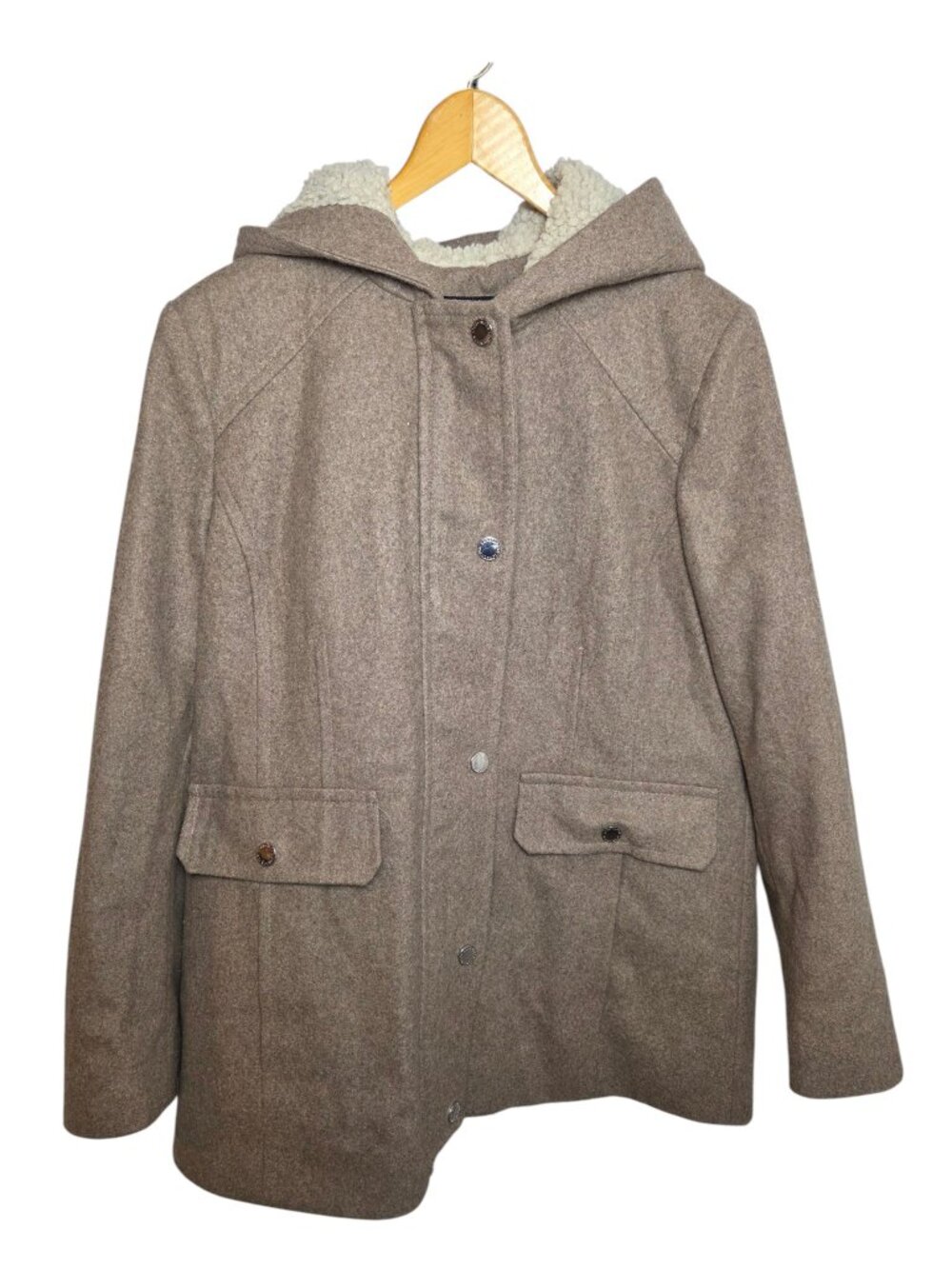 London Fog Women's Large Brown Wool Blend Anorak Jacket Hooded Sherpa Hood Coat